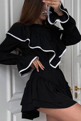 A-Linien-Kleid mit Spitzenbesatz und Rüschenkragen